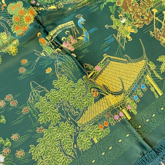 Vintage Reversible Asian-Inspired Fringed Silk Square Table Cover Tapestry - Picture 9 of 10